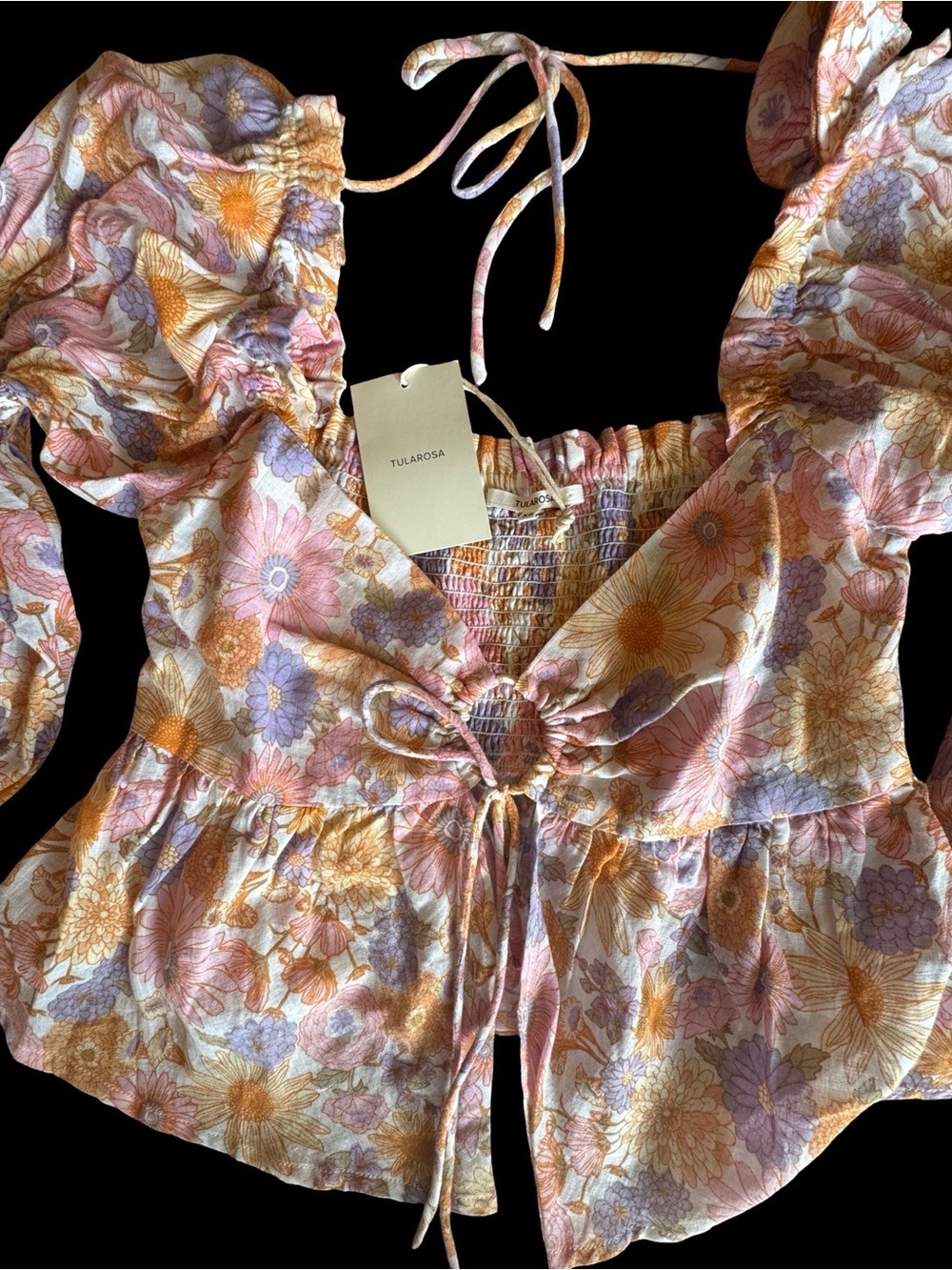 Tularosa Pastel Floral Tie-Front Puff Sleeve Size XS Cropped Top